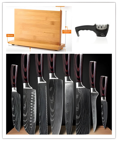 Kitchen knife set with 8 blades including chef knife and meat cutter plus separate Damascus and high carbon steel chef knives