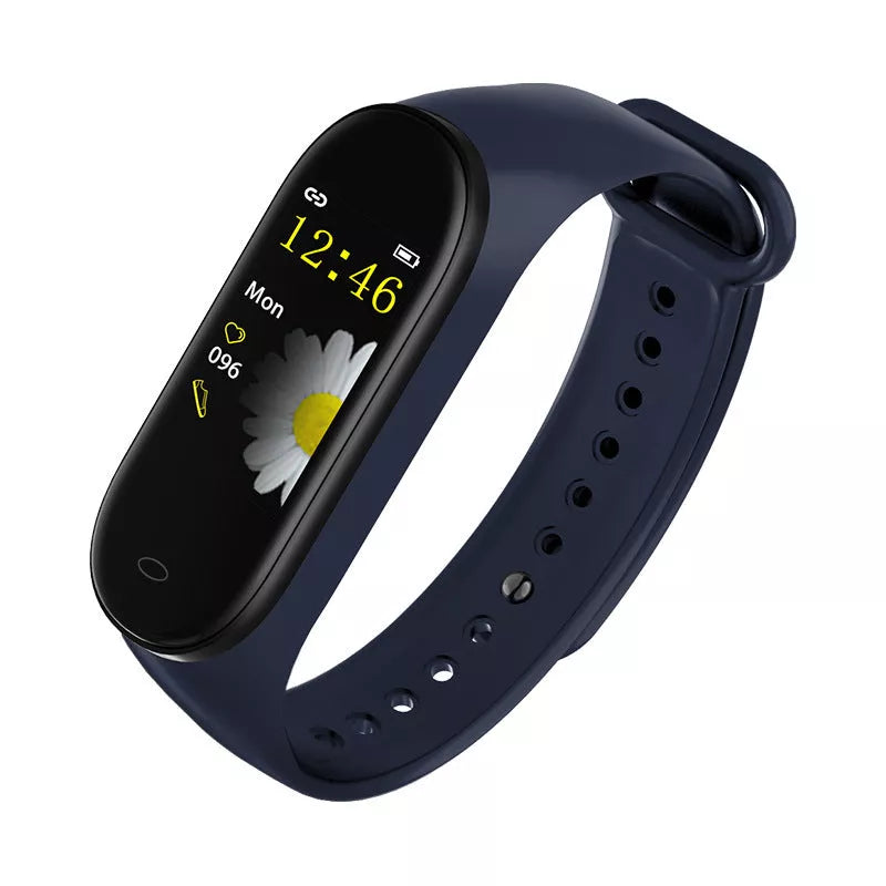 Smart bracelet with color screen displaying heart rate and fitness metrics