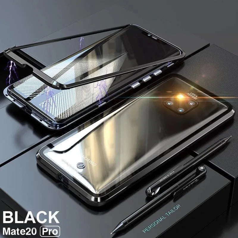 Magnetic phone case with 9H tempered glass back and metal frame for Huawei smartphones in black, blue, red, or white
