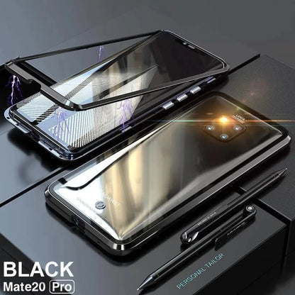 Magnetic phone case with 9H tempered glass back and metal frame for Huawei smartphones in black, blue, red, or white