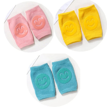 Cozy knee pads in various colors designed to protect babies during crawling with a non-slip, stretchy fit