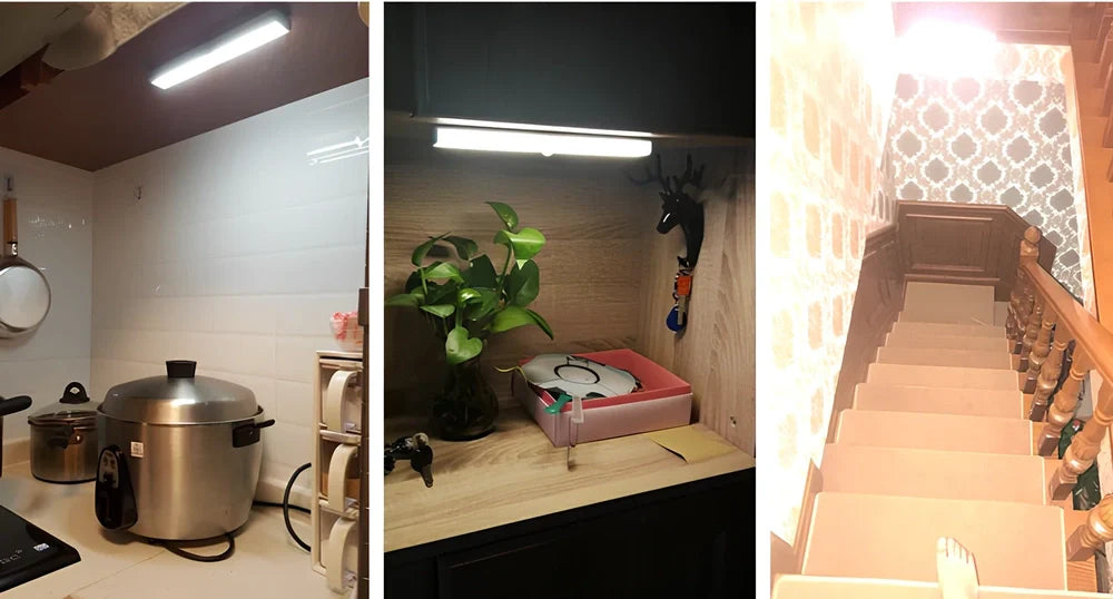LED body sensor light with wireless charging base and motion detection for cabinet installation