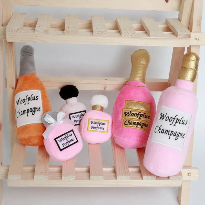 Creative plush wine bottle pet toy for dogs and cats, stuffed animal chew toy with realistic bottle shapes in six colours including green, orange, red, black, coffee, and white wine bottle designs, soft plush material safe for indoor play