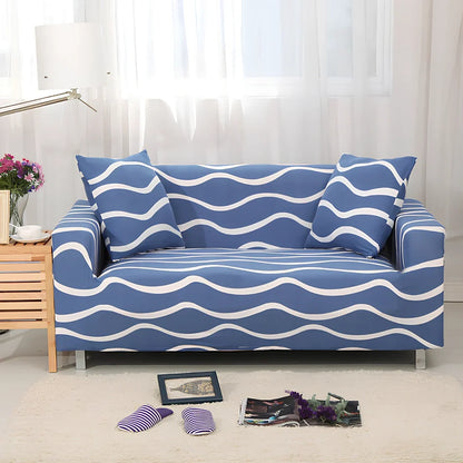 Elastic sofa cover on three-seat sofa showing stretch fabric fitting sofa length 190-230cm