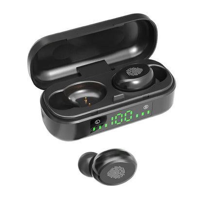Black Bluetooth earphone with Bluetooth 5.0, 10 metre range, stereo sound, battery display and voice control