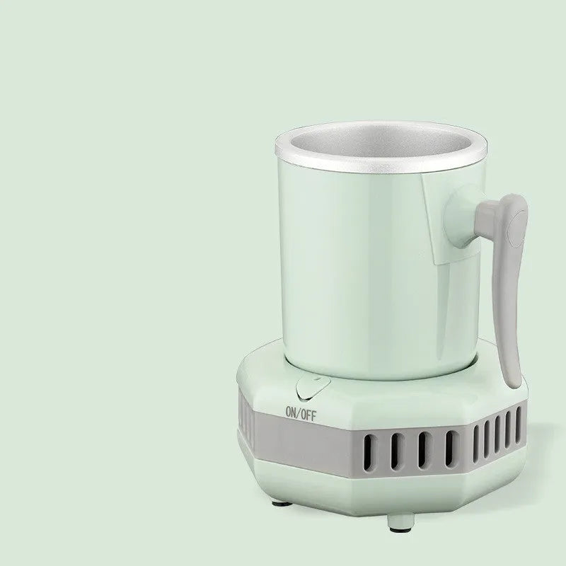 White quick refrigeration cup with aluminium drinking vessel on ABS base featuring one-button control