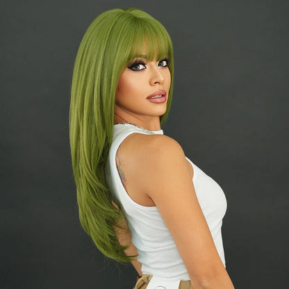 Long straight vanilla green synthetic women's wig measuring 63cm with a fringe