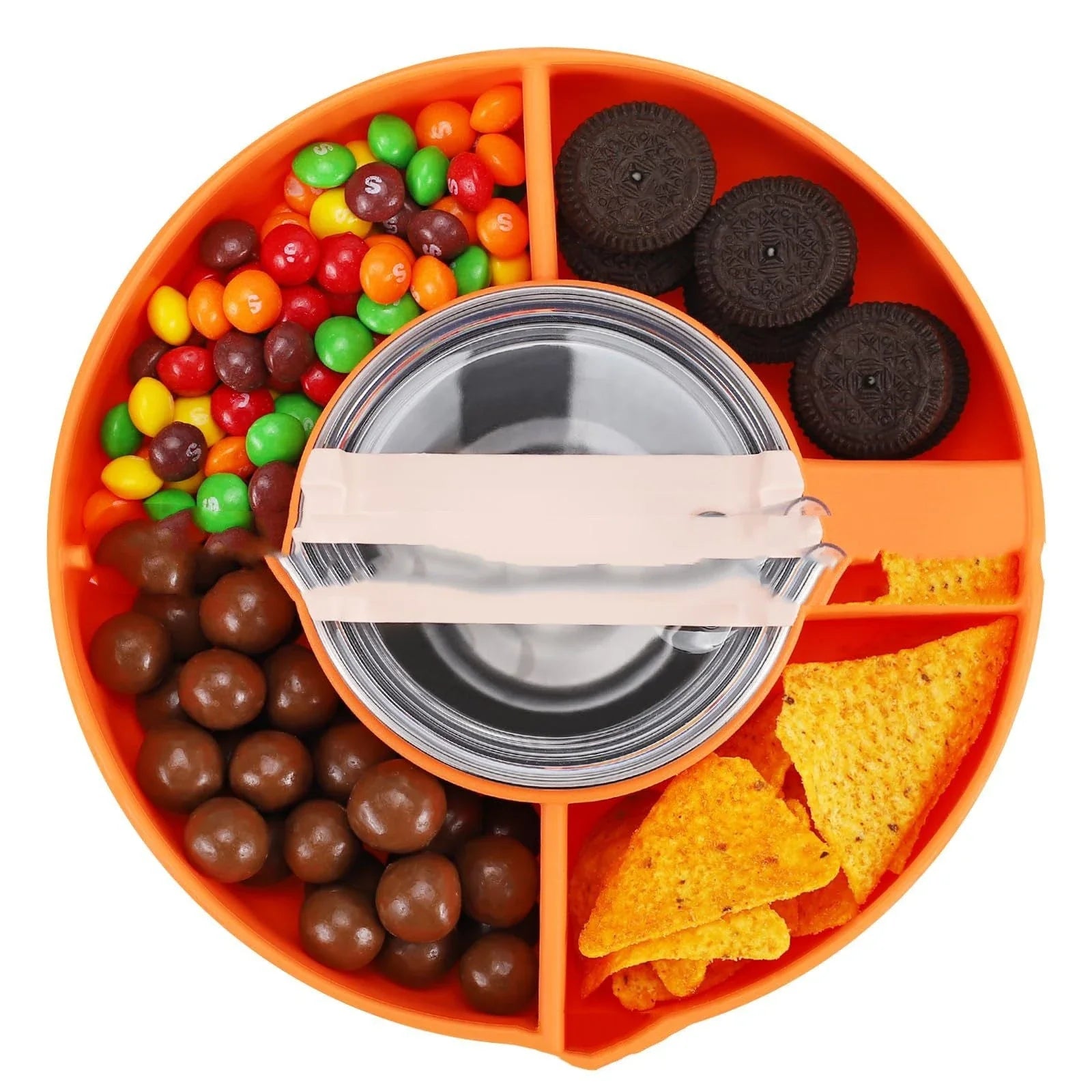 Versatile Silicone Snack Tray with four compartments, designed to attach to 40oz Stanley cups for convenient on-the-go snacking