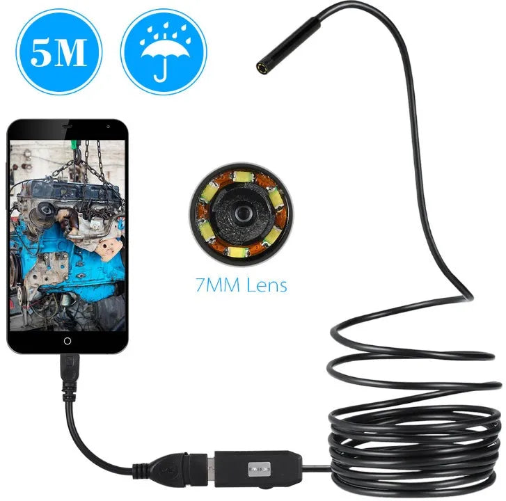 OWSOO USB endoscope camera with 5m cable, hook, magnet and side mirror attachments for inspection