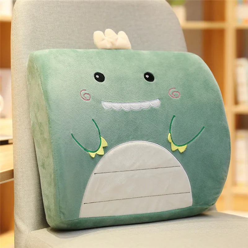 Car seat back cushion with memory foam core and embroidered cartoon design on grey fabric