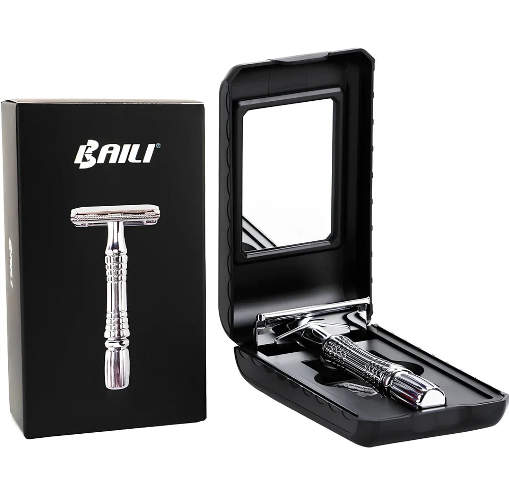 Silver grey safety razor with platinum plating and textured ABS handle in storage box