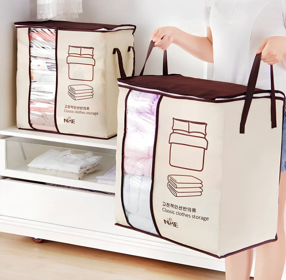 Non-woven fabric under-bed storage organiser showing 45.55×29×51cm dimensions and folding design