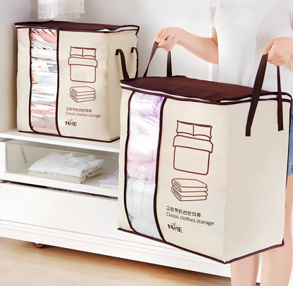 Non-woven fabric under-bed storage organiser showing 45.55×29×51cm dimensions and folding design