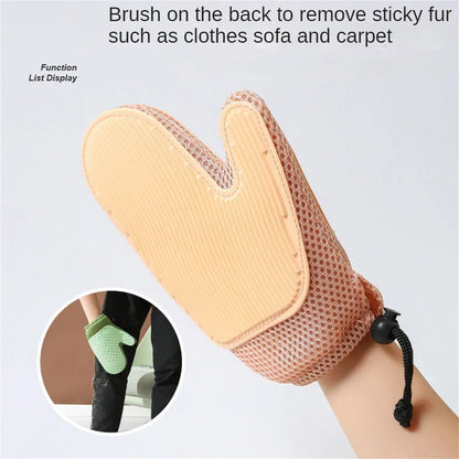 Dark blue pet grooming glove with textured TPR rubber nubs for removing hair from dogs, cats, and furniture.