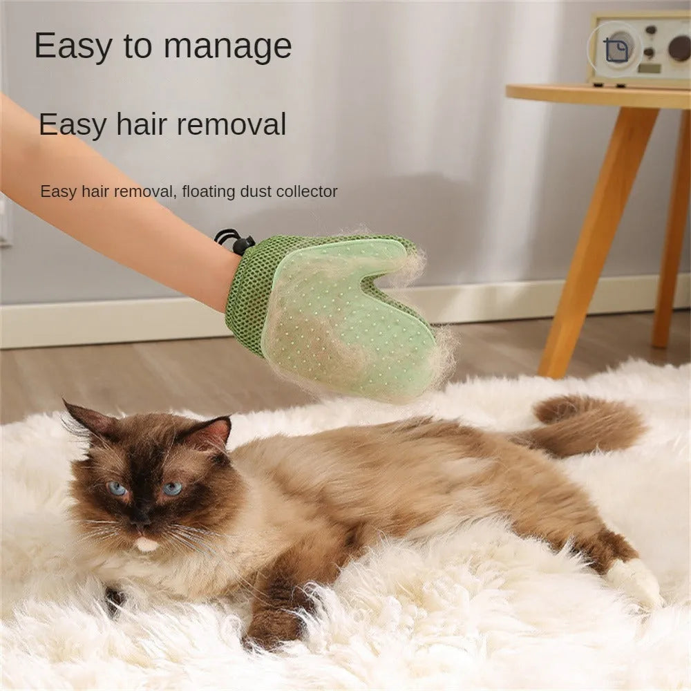 Dark blue pet grooming glove with textured TPR rubber nubs for removing hair from dogs, cats, and furniture.