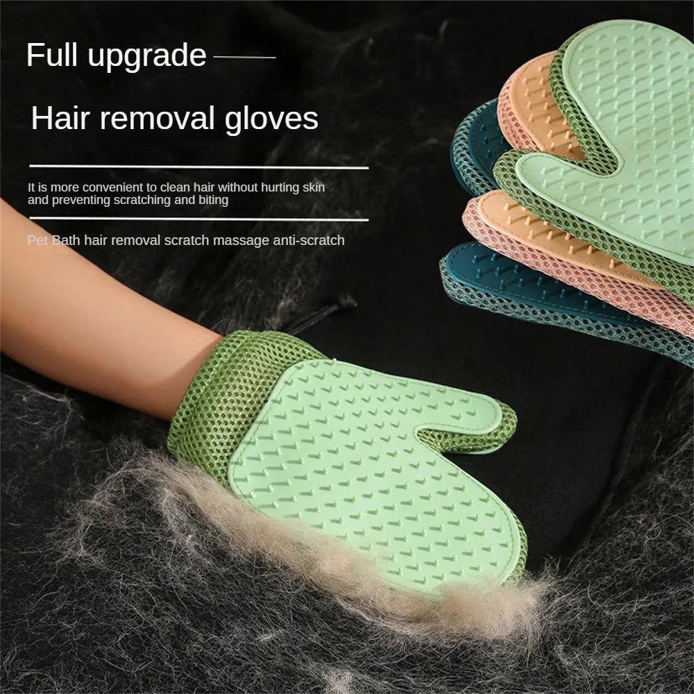 Dark blue pet grooming glove with textured TPR rubber nubs for removing hair from dogs, cats, and furniture.