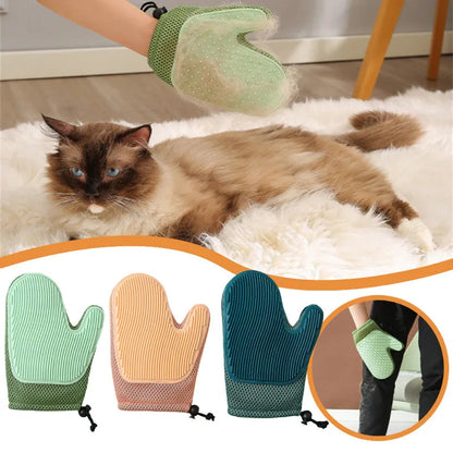 Dark blue pet grooming glove with textured TPR rubber nubs for removing hair from dogs, cats, and furniture.