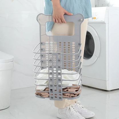 Foldable laundry basket made of sturdy polypropylene material, featuring hooks for wall-mounting and a collapsible design for compact storage.