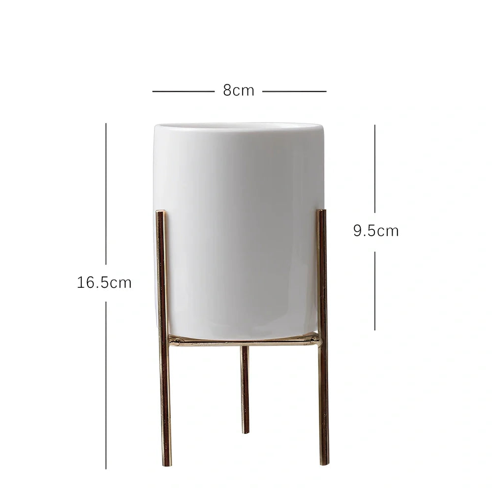 Black iron frame succulent flowerpot with white ceramic insert showing 12.5cm and 16.5cm size options