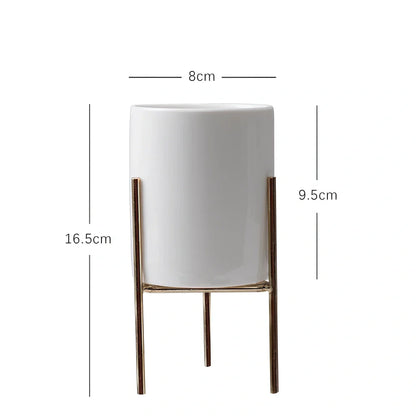 Black iron frame succulent flowerpot with white ceramic insert showing 12.5cm and 16.5cm size options