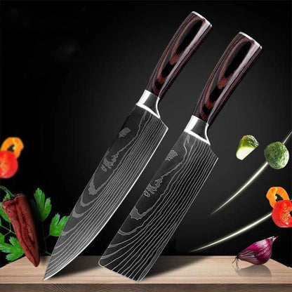 Premium 8-Piece Stainless Steel Chef Knife Set with Elegant Damascus Pattern Blades and Ergonomic Handles