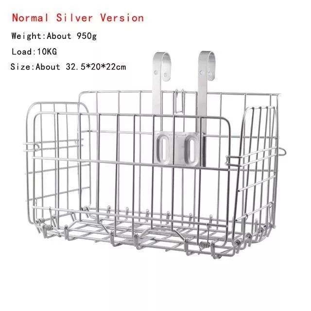 Foldable bicycle basket in black or silver, durable steel construction