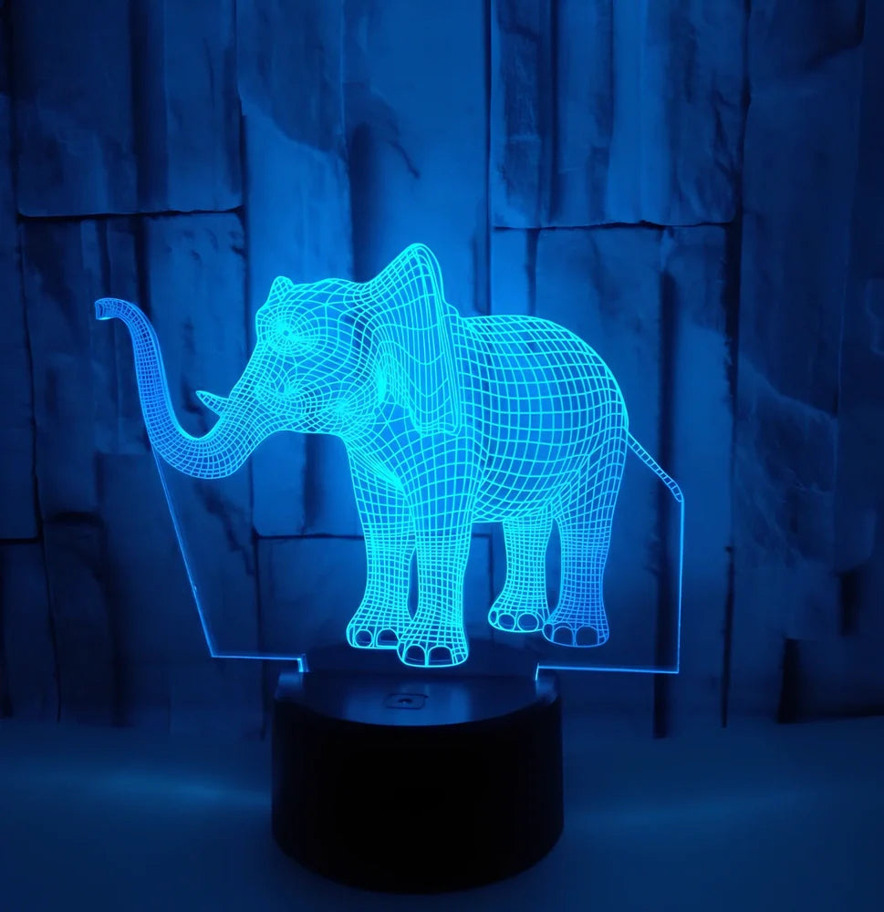 3D elephant LED table lamp with colourful illumination and touch control base measuring 87x87x42mm