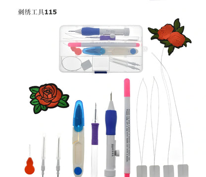 DIY embroidery set box with 50 coloured polyester threads on bobbins, 250g total weight, including butterfly pattern model 177