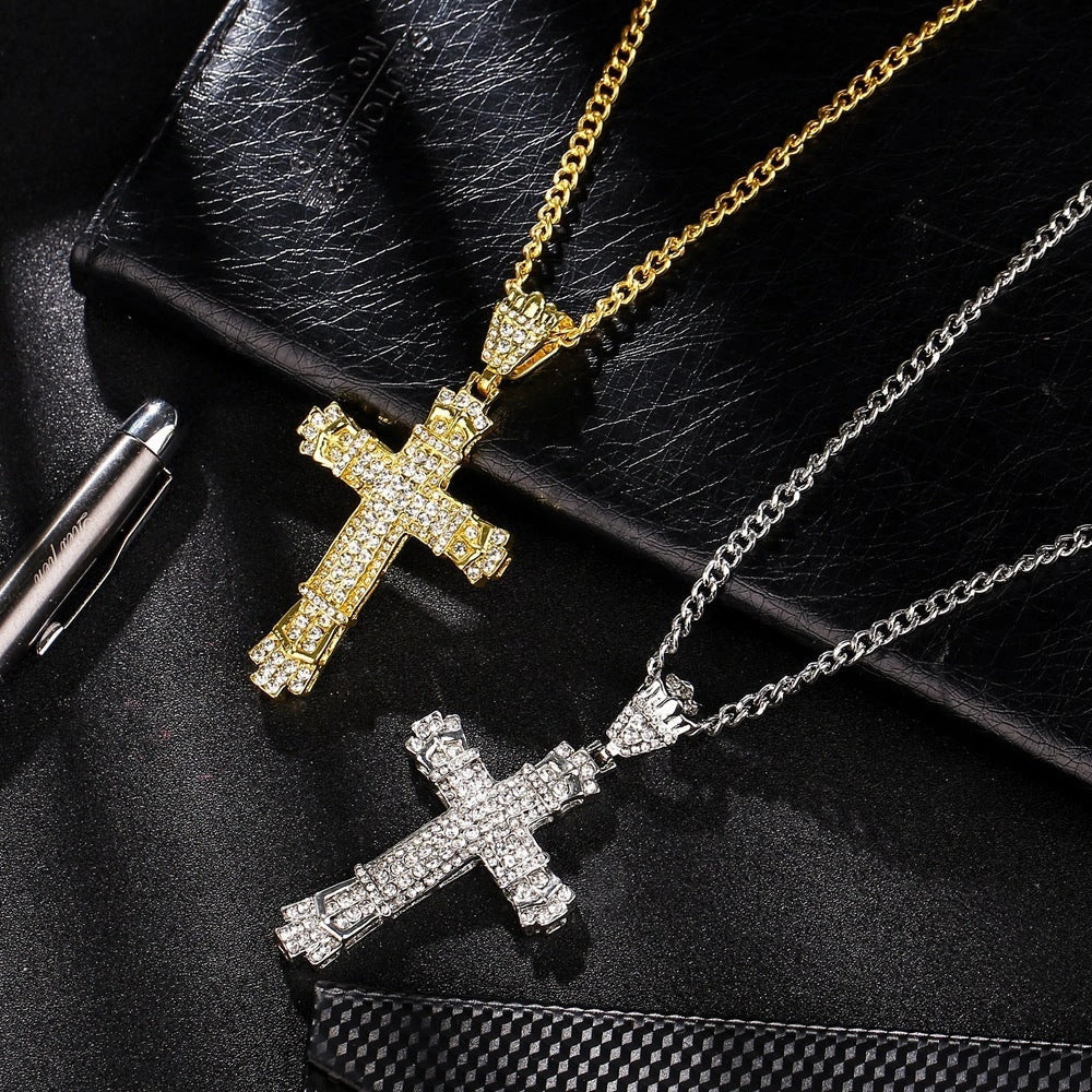 Stylish Iced Out Men's Cross Necklace in silver and gold options