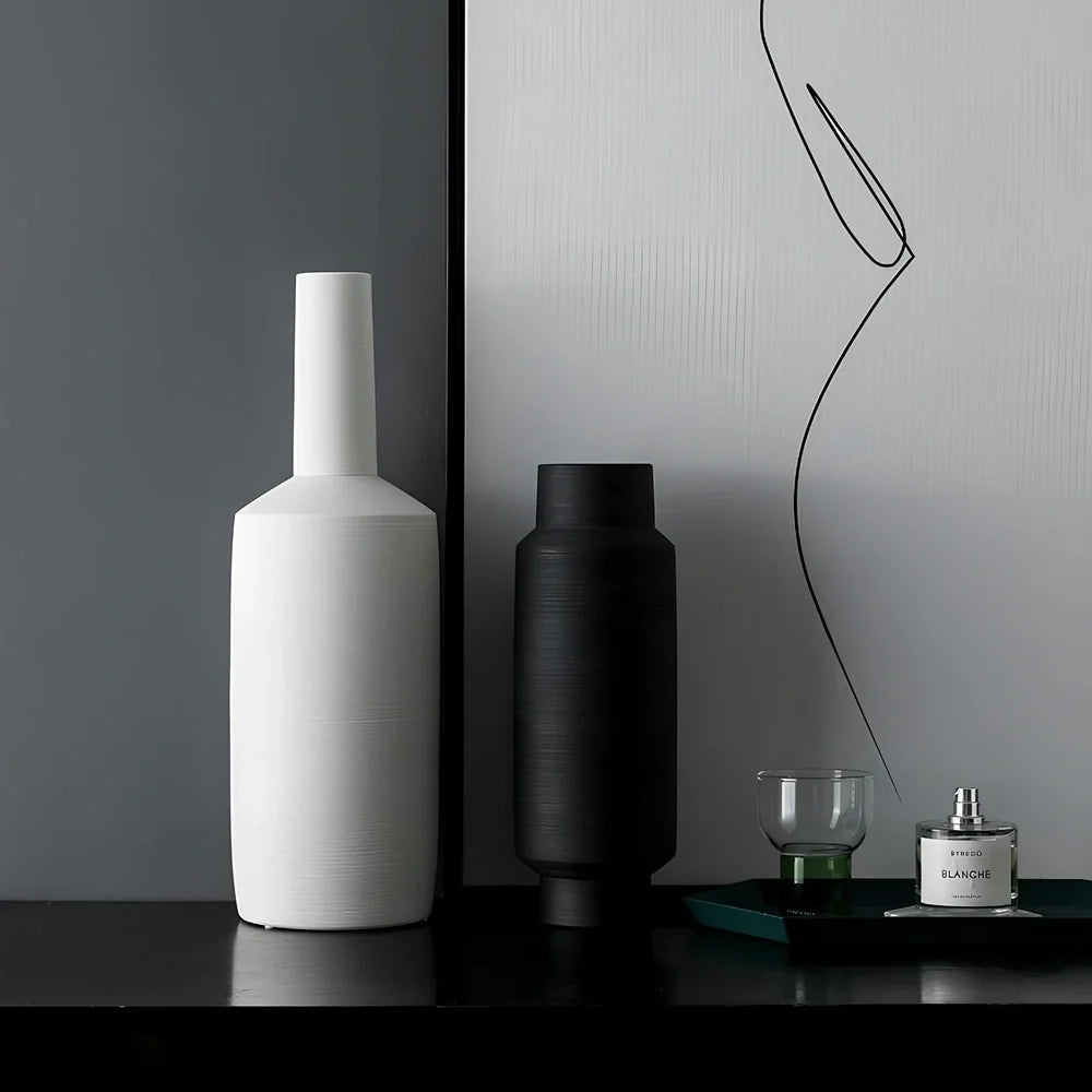Nordic style ceramic vase with wire drawing textured surface in neutral colour with unburnt matte finish
