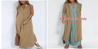 Women's V-neck sleeveless dress and long cardigan jacket set in solid colors