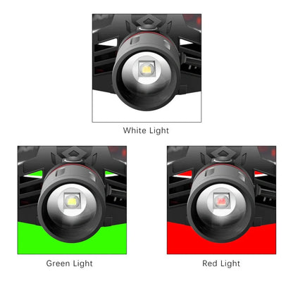 T6 LED headlamp with zoomable beam, showing white, green, and red light options, on a head strap