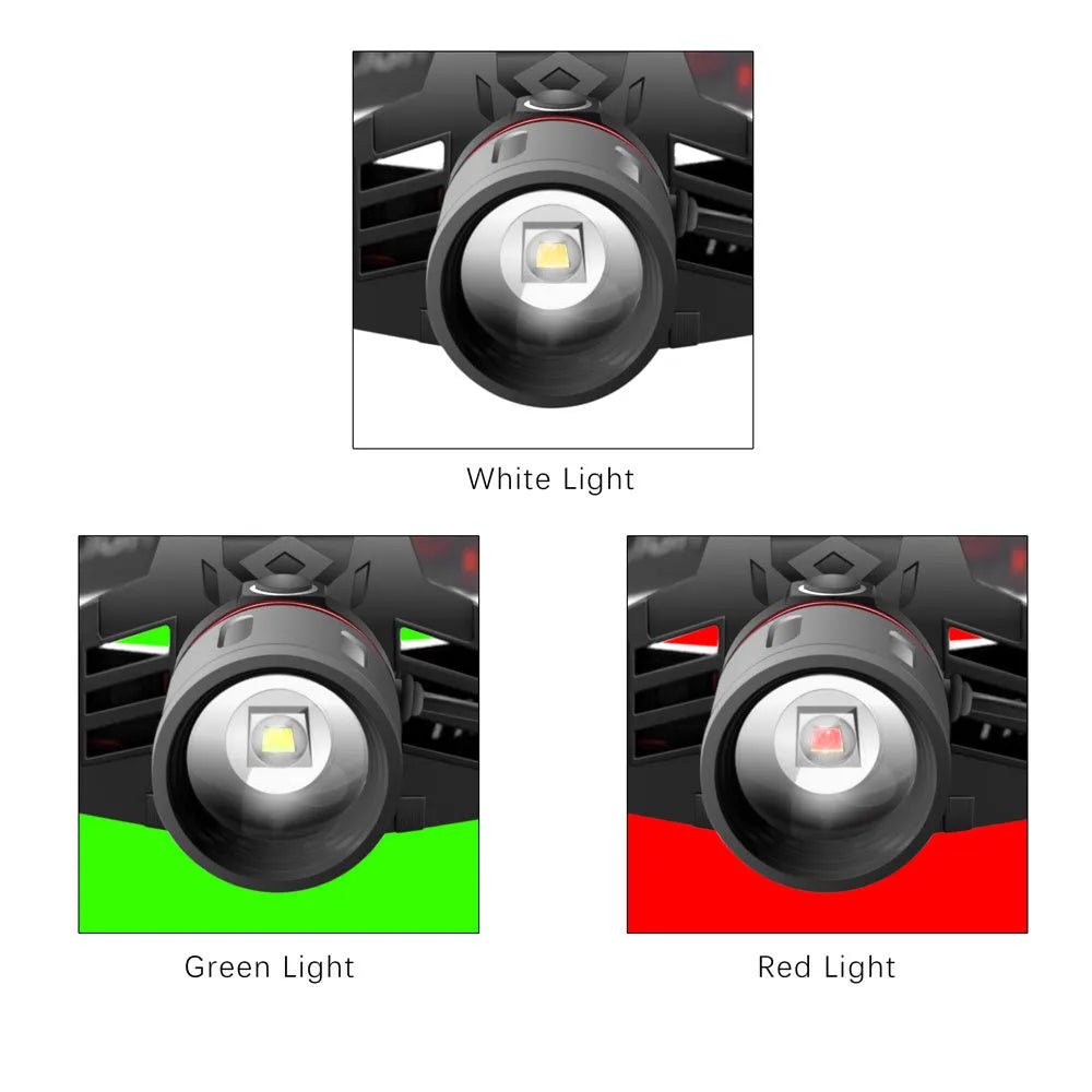 Black T6 LED zoom headlamp showing white, red, and green light LEDs on an adjustable head strap.