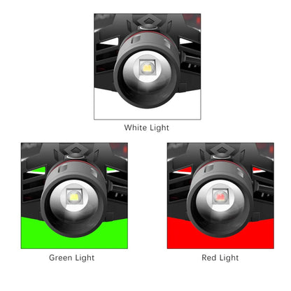 Black T6 LED zoom headlamp showing white, red, and green light LEDs on an adjustable head strap.