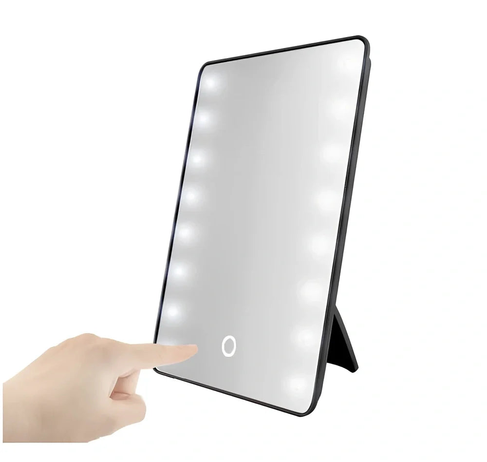 Black LED makeup mirror with 16 lights around 225mm × 165mm frame on dressing table