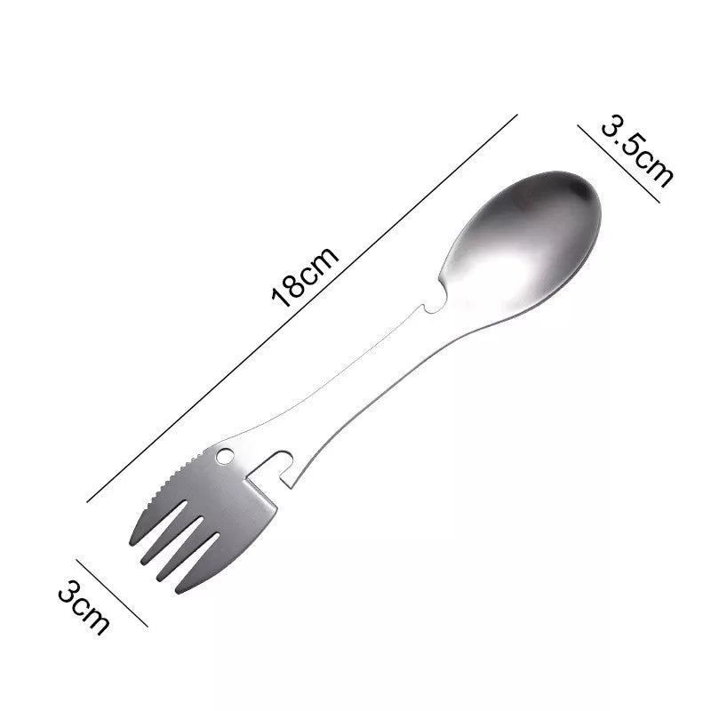Stainless steel cutlery spoon with five functions: spoon, fork, knife, bottle opener, can opener