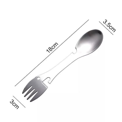 Stainless steel cutlery spoon with five functions: spoon, fork, knife, bottle opener, can opener