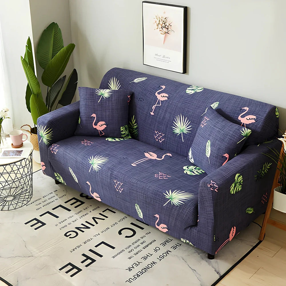 Elastic sofa cover on three-seat sofa showing stretch fabric fitting sofa length 190-230cm
