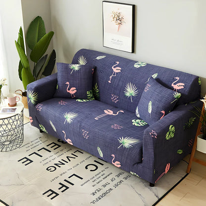 Elastic sofa cover on three-seat sofa showing stretch fabric fitting sofa length 190-230cm