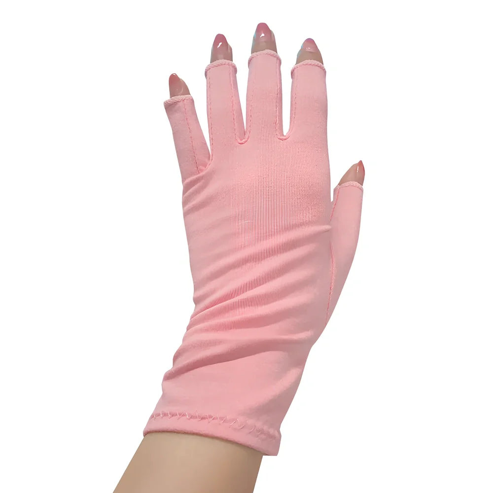 Breathable half-finger compression gloves showing exposed fingertips and adhesive grey section for joint support