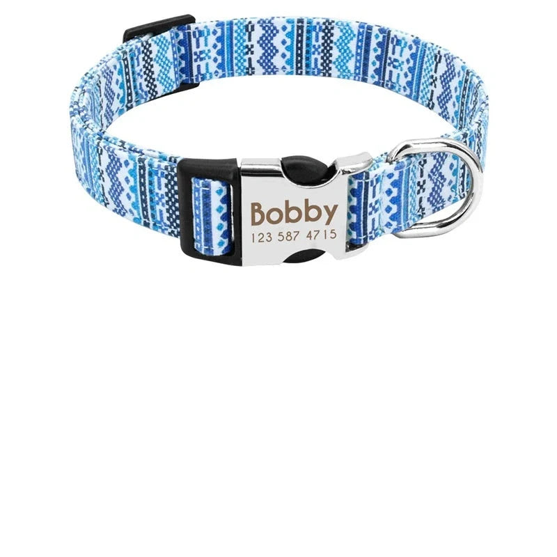 Custom engraved nylon dog collar with adjustable strap and personalized tag in various colors