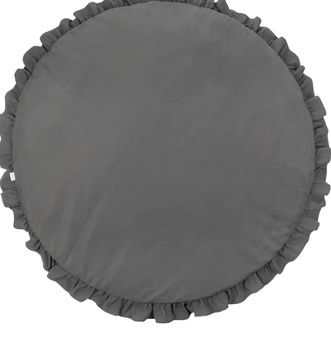 Circular baby play mat with lace border showing 2cm thickness measurement