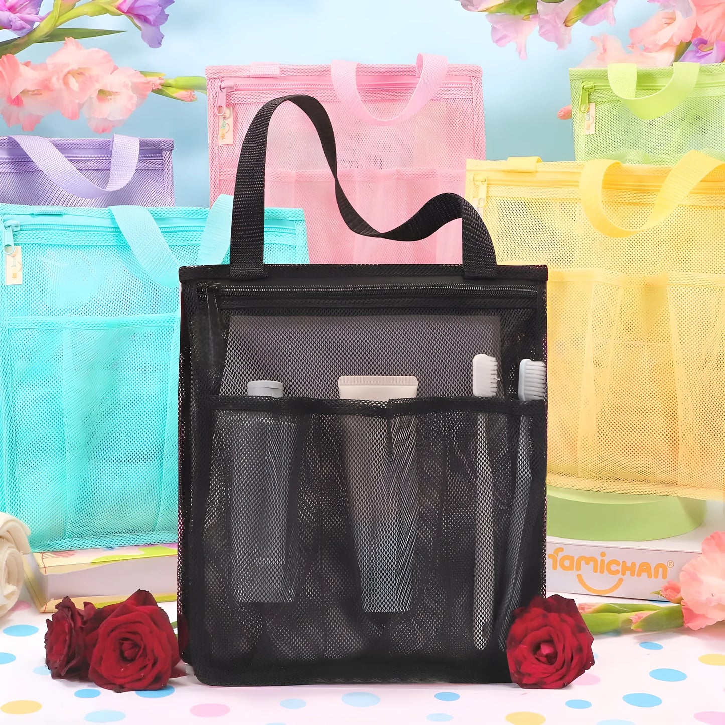 Black swimming gym bag with dry wet separation compartments and mesh pocket