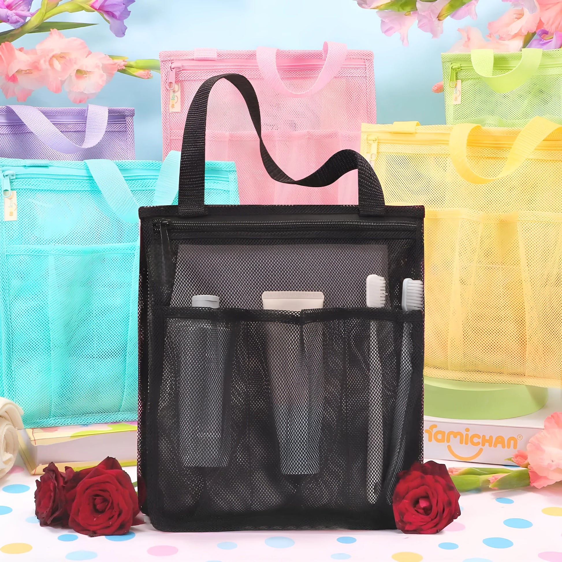 Black swimming gym bag with dry wet separation compartments and mesh pocket