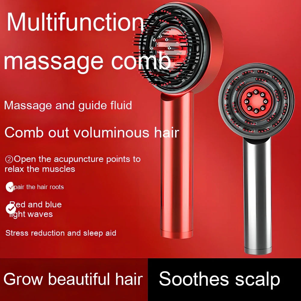 Fluffy comb scalp massager with infrared light therapy functions showing comb attachment and control buttons