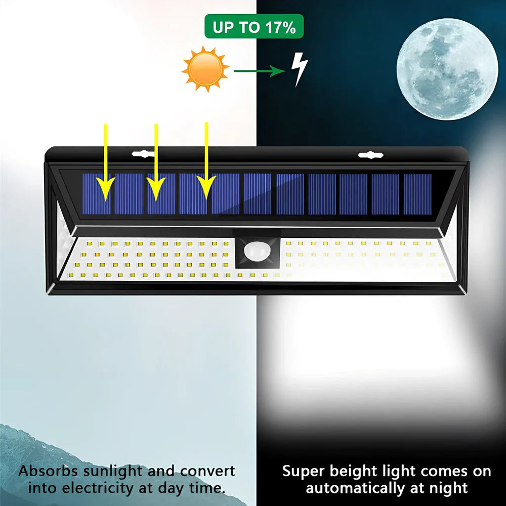 Solar-powered outdoor light with motion sensor and 118 LED beads for garden security lighting