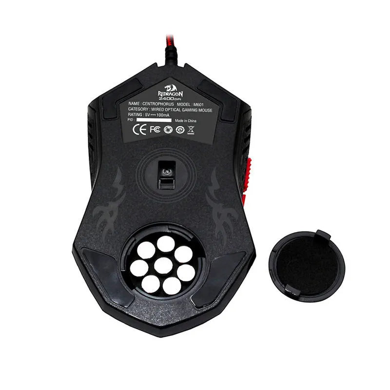 Black and red USB wired optical gaming mouse with six buttons on a desk.