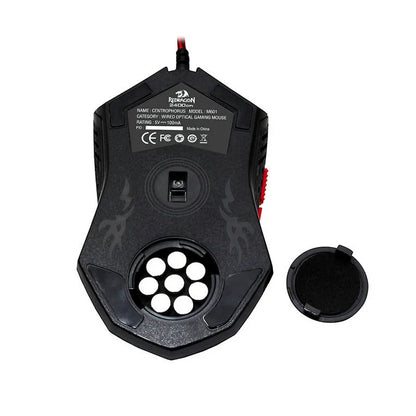 Black and red USB wired optical gaming mouse with six buttons on a desk.