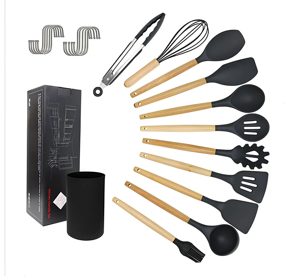 11-piece silicone kitchen utensil set with beech wood handles including cooking spoons and shovels