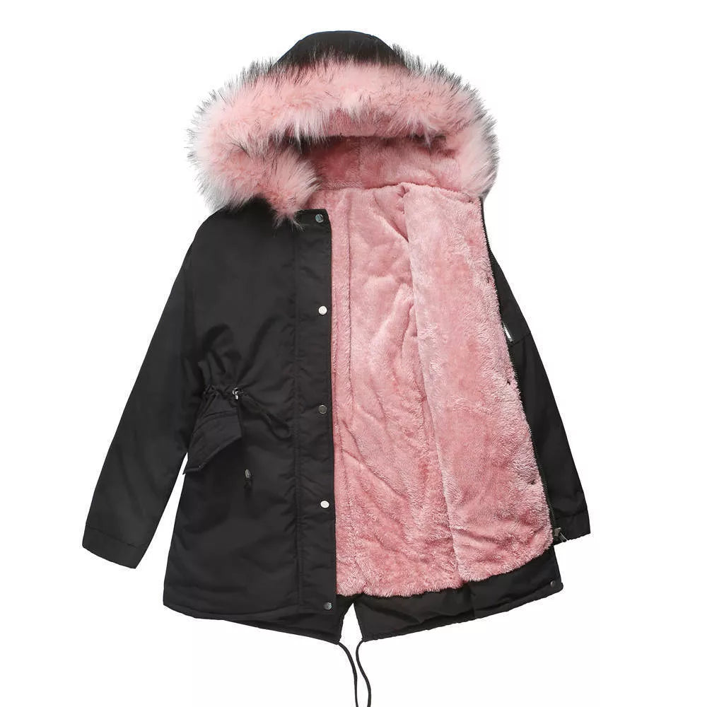 Mid-length hooded parka in various colors, ideal for cold weather protection